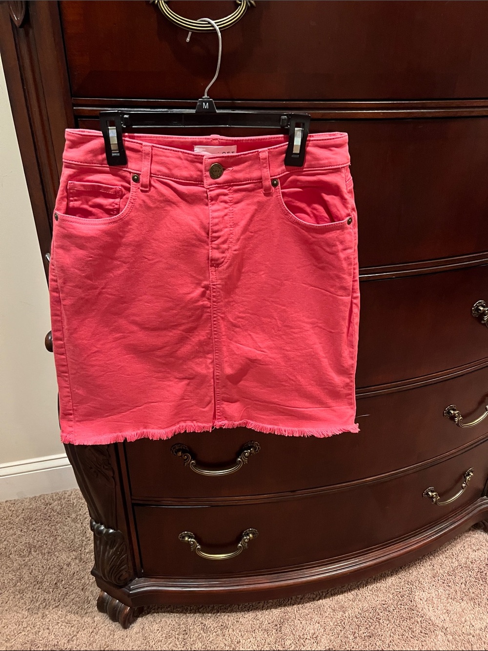 LOFT Coral Pink Denim Mini Skirt with Frayed Hem